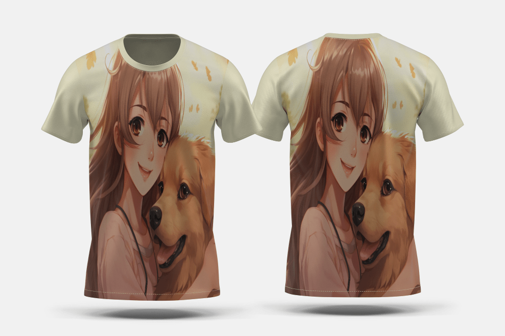 Next Print Medium shot anime woman hugging dog Printed t-shirt - Next Print
