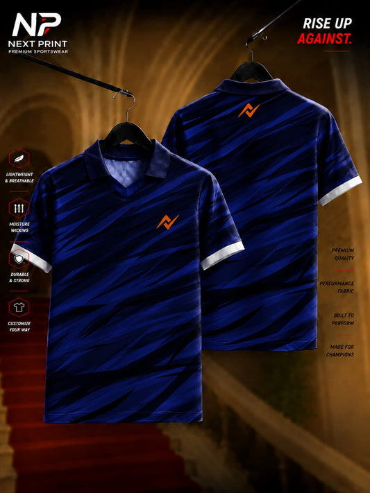 Front and back view of Next Print midnight blue abstract camo polo collar sports jersey made from premium breathable dry-fit fabric.