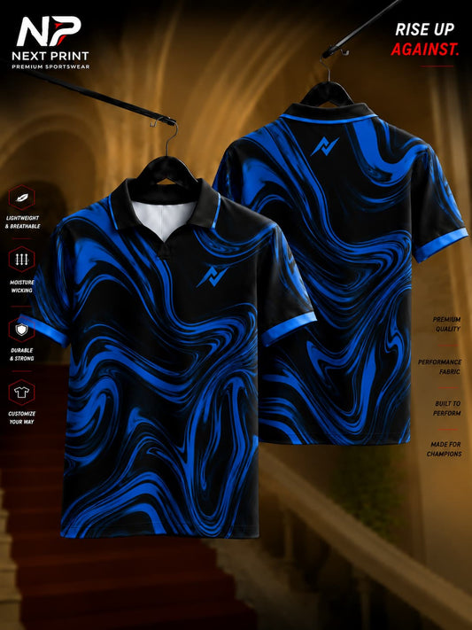 Front and back view of a black and royal blue marble pattern polo collar V-neck cricket jersey by Next Print.