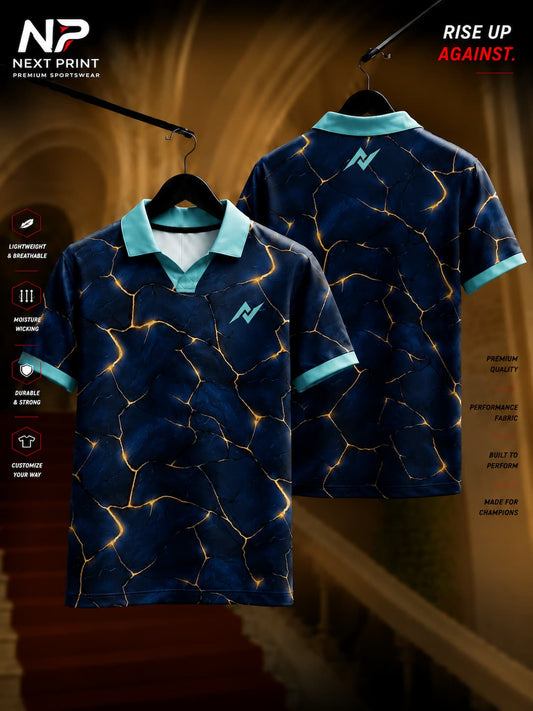 Front and back view of a navy blue marble cricket jersey with gold vein pattern and polo collar V-neck by Next Print.