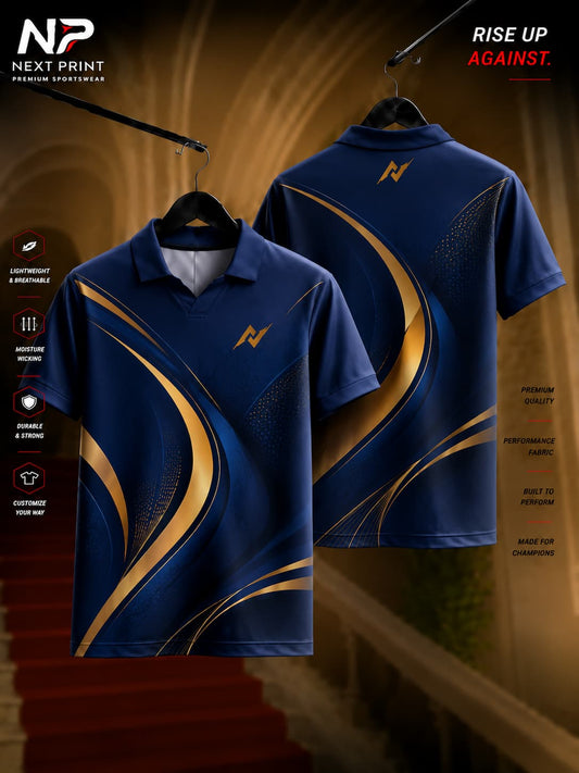Premium navy blue polo collar sports jersey with luxury gold wave graphics, custom dry-fit team jersey for cricket, football, volleyball, and athletic wear.