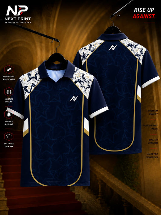 Next Print Midnight Star Elite navy blue polo collar dry-fit sports jersey featuring white star shoulder graphics, gold detailing, front and back view.