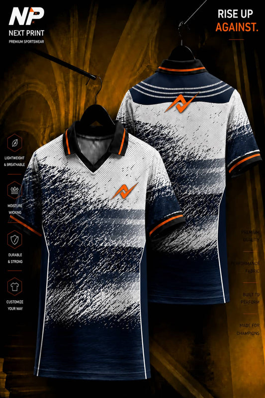 Navy blue and white polo cricket jersey with dynamic brushed graphics and textured pattern shown in front and back views.