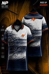 Navy blue and white polo cricket jersey with dynamic brushed graphics and textured pattern shown in front and back views.