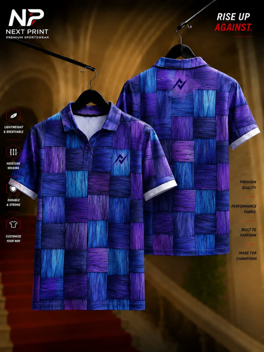 Next Print midnight weave blue and purple polo collar sports jersey featuring a premium woven texture design with front and back views.