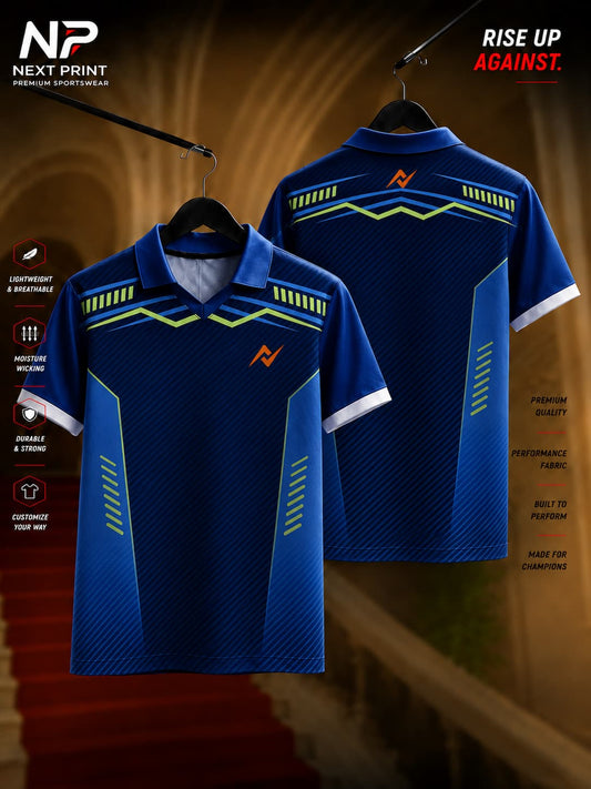Navy blue polo collar cricket jersey with electric blue side panels and lime green accent graphics, front and back view by Next Print.