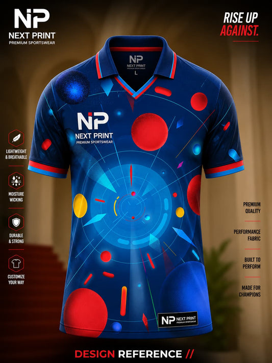 Front view of Next Print navy blue galaxy abstract polo cricket jersey featuring futuristic circular graphics and premium sublimation sportswear.