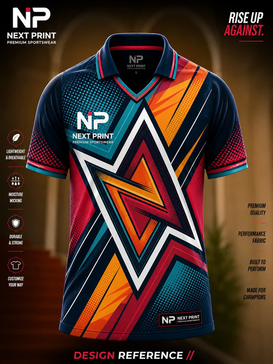 Front view of Next Print navy blue geometric star polo cricket jersey featuring bold angular graphics and premium sublimation sportswear.