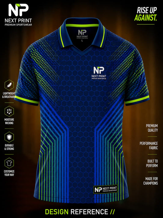 Front view of Next Print navy blue hexagon performance polo cricket jersey featuring neon green accents, geometric stripe graphics, and premium sublimated sportswear.