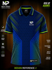 Front view of Next Print navy blue hexagon performance polo cricket jersey featuring neon green accents, geometric stripe graphics, and premium sublimated sportswear.