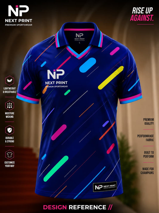 Front view of Next Print navy blue neon abstract polo cricket jersey featuring colorful geometric accents and premium sublimation sportswear.