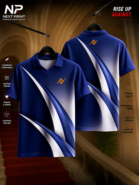 Next Print navy blue and white wave pattern polo collar V-neck dry-fit sports jersey front and back view with custom logo.