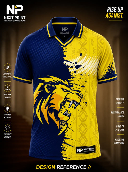 Front view of Next Print navy blue and yellow lion graphic polo cricket jersey featuring a roaring lion illustration with premium sublimation sportswear.