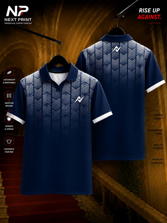 Front and back view of Next Print navy blue polo collar dry-fit cricket jersey featuring white chevron shoulder graphics and premium sports design.