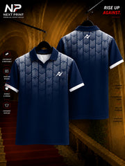 Front and back view of Next Print navy blue polo collar dry-fit cricket jersey featuring white chevron shoulder graphics and premium sports design.