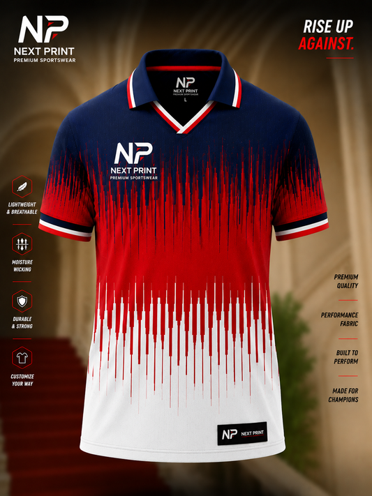 Front view of Next Print navy red white gradient custom polo cricket jersey with premium sublimation sportswear design.