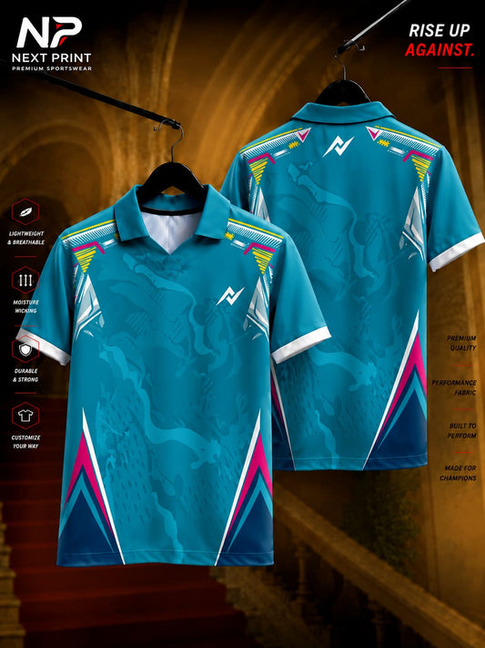 Next Print Neo Apex Polo Collar Performance Jersey featuring a teal abstract design with colorful geometric accents shown in front and back views.