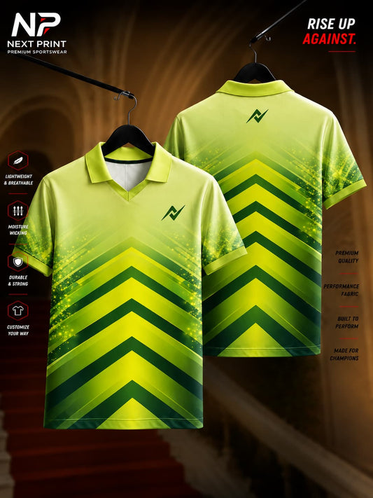 Next Print Neon Chevron lime green performance polo jersey featuring bold chevron stripes and premium dry-fit sports fabric.