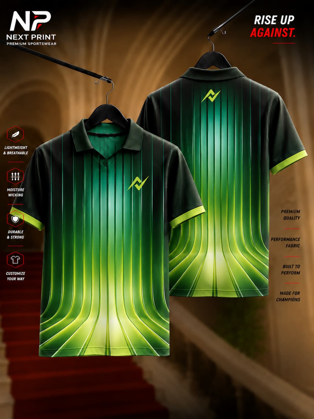 Next Print Neon Flow green and black dry-fit polo sports jersey featuring glowing vertical gradient graphics and premium performance fabric.
