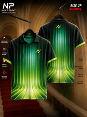 Next Print Neon Flow green and black dry-fit polo sports jersey featuring glowing vertical gradient graphics and premium performance fabric.