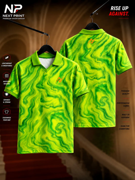 Front and back view of Next Print Neon Flow polo sports jersey featuring a lime green fluid wave pattern with premium dry-fit performance fabric.