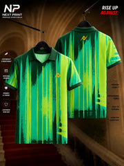 Next Print Neon Forest Strike Polo Sports Jersey featuring neon green and teal vertical brush stroke graphics with front and back views.