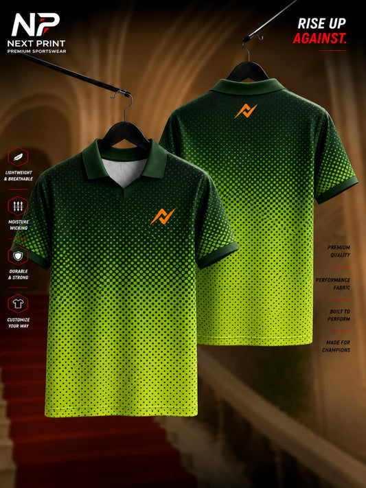 Front and back view of Next Print Neon Gradient Dot Matrix polo sports jersey featuring a green-to-neon yellow halftone pattern with premium dry-fit fabric.