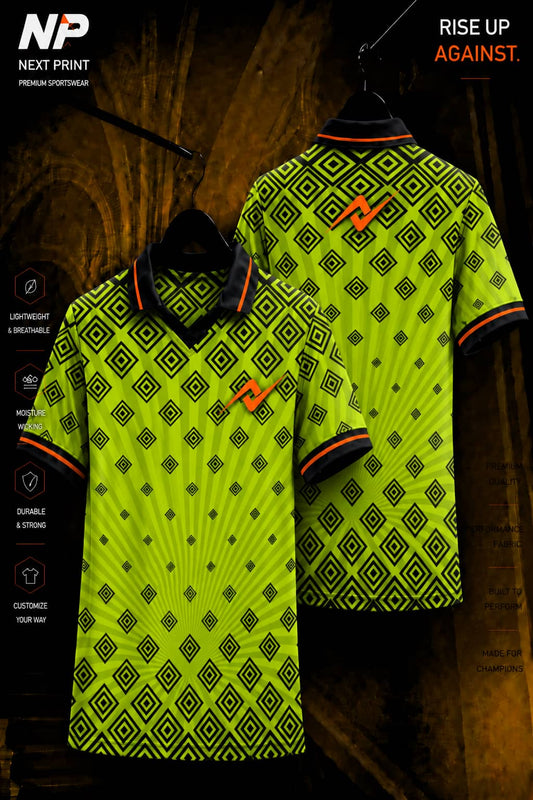 Next Print neon green diamond pattern custom performance polo jersey front and back mockup