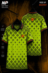 Next Print neon green diamond pattern custom performance polo jersey front and back mockup
