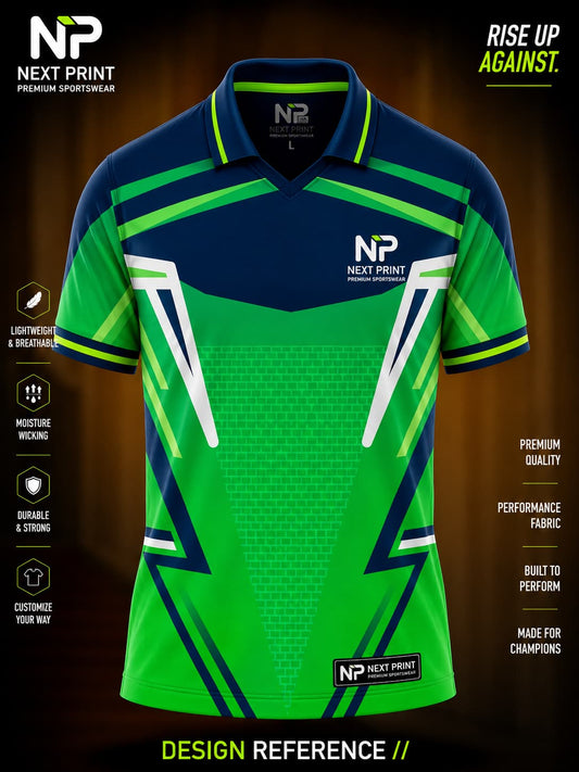 Front view of Next Print neon green and navy performance polo cricket jersey featuring bold geometric graphics and premium sublimated sportswear.
