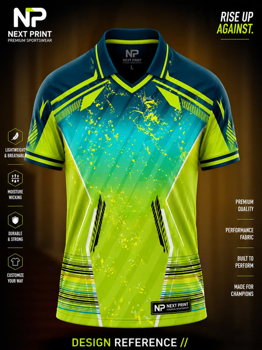 Front view of Next Print neon green and teal performance polo cricket jersey featuring paint-splash graphics and premium sublimation sportswear.