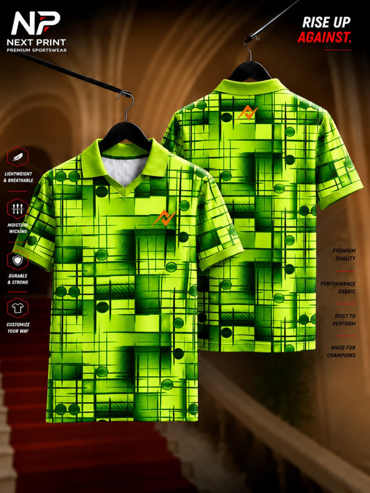 Front and back view of Next Print Neon Grid polo sports jersey featuring a lime green geometric grid pattern with premium dry-fit performance fabric.