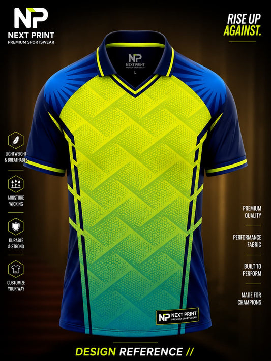 Front view of Next Print neon lime and navy gradient polo cricket jersey featuring textured geometric graphics and premium sublimation sportswear.
