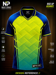 Front view of Next Print neon lime and navy gradient polo cricket jersey featuring textured geometric graphics and premium sublimation sportswear.