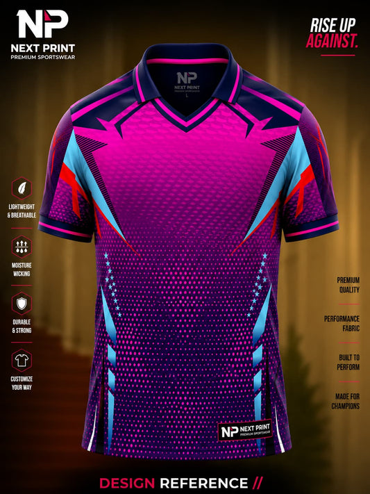 Front view of Next Print neon pink and purple performance polo cricket jersey featuring cyan accents, halftone graphics, and premium sublimation sportswear.