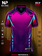 Front view of Next Print neon pink and purple performance polo cricket jersey featuring cyan accents, halftone graphics, and premium sublimation sportswear.