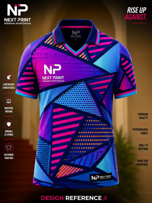 Front view of Next Print neon purple and blue geometric polo cricket jersey featuring vibrant angular graphics and premium sublimation sportswear.