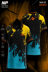 Next Print premium black polo jersey with yellow and cyan paint splash sublimation design front and back mockup