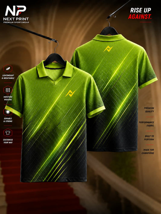 Next Print Neon Strike green and black premium dry-fit polo sports jersey with modern diagonal graphics and performance fabric.