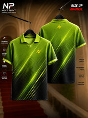 Next Print Neon Strike green and black premium dry-fit polo sports jersey with modern diagonal graphics and performance fabric.