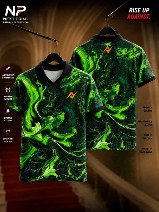 Front and back view of Next Print Neon Vortex green and black abstract marble polo collar sports jersey with premium dry-fit fabric.