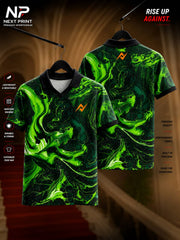 Front and back view of Next Print Neon Vortex green and black abstract marble polo collar sports jersey with premium dry-fit fabric.