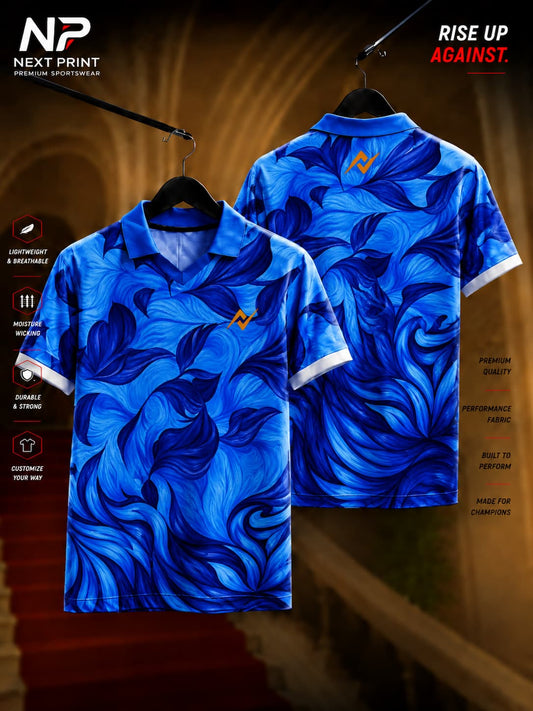 Front and back view of Next Print ocean blue floral wave pattern polo collar sports jersey made with breathable dry-fit performance fabric.