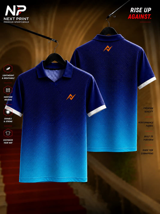 Navy blue to ocean blue gradient polo collar cricket jersey with subtle diagonal pinstripe texture, premium dry-fit fabric, front and back view.