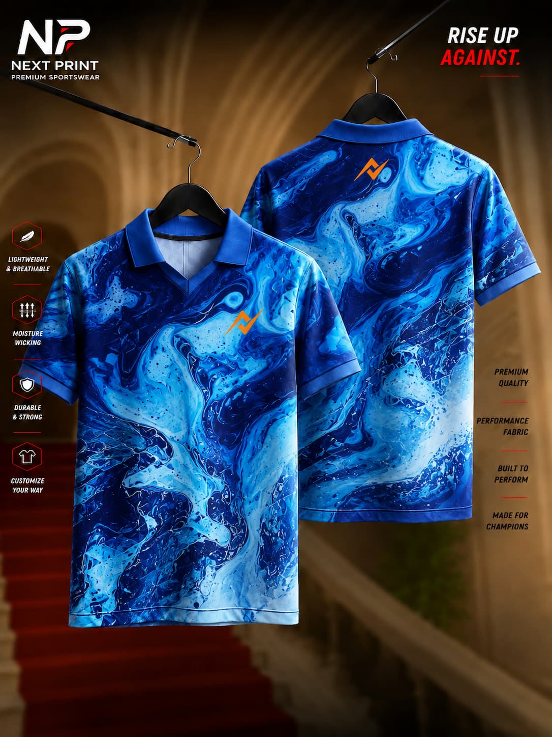 Next Print Ocean Flow Blue Marble Polo Collar V-Neck Dry Fit Sports Jersey Front and Back View