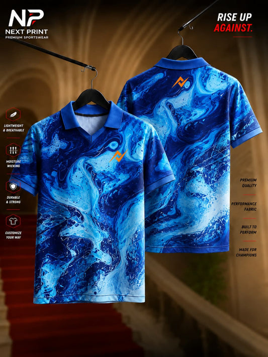 Next Print Ocean Flow Blue Marble Polo Collar V-Neck Dry Fit Sports Jersey Front and Back View
