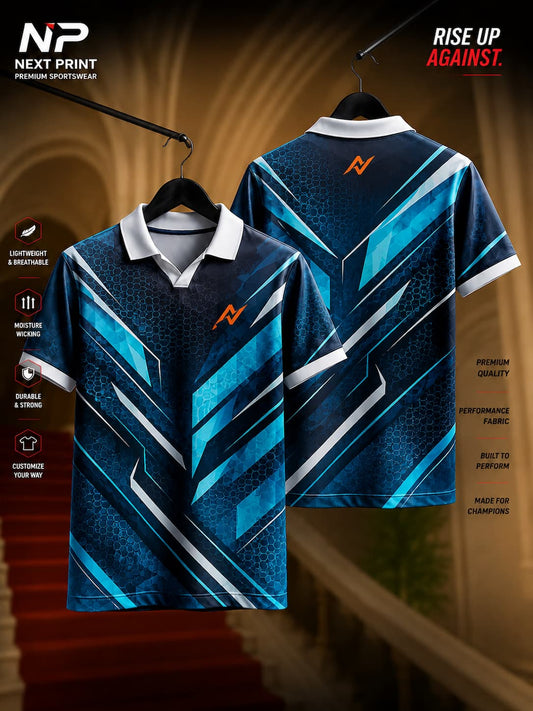 Next Print Ocean Hexa Performance Polo Collar Sports Jersey featuring a navy blue geometric hexagon pattern with cyan angular graphics, front and back view.