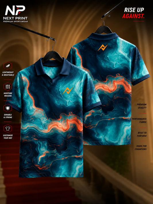 Next Print ocean lava flow abstract polo collar V-neck dry fit sports jersey in teal navy and coral with front and back view