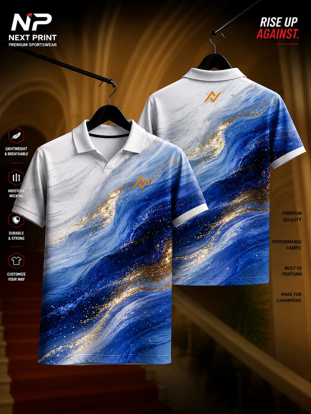 Next Print Ocean Marble polo collar V-neck cricket jersey featuring white, royal blue, and gold marble wave graphics with front and back views.