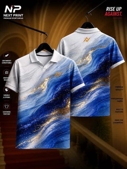 Next Print Ocean Marble polo collar V-neck cricket jersey featuring white, royal blue, and gold marble wave graphics with front and back views.